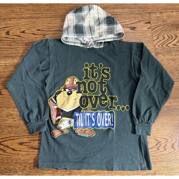 Vintage 90s Looney Tunes Taz Graphic Hooded Longsleeve T-Shirt Youth Small Green - Picture 1 of 10